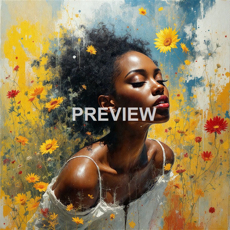 A portrait of a woman with dark skin and closed eyes, surrounded by and blending into a vibrant background of yellow and red flowers with a textured, painterly effect.